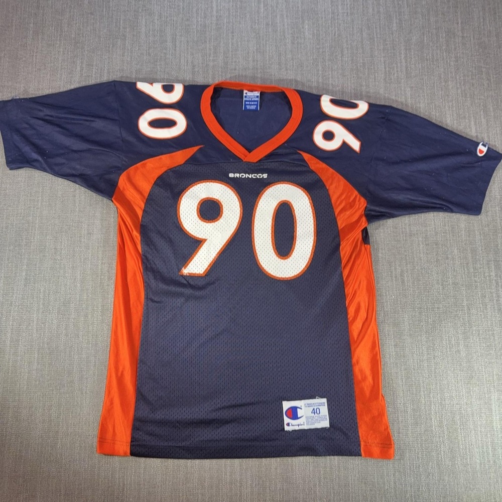 Vintage Denver Broncos Jersey Mens Medium Blue NFL Justin Smith Champion